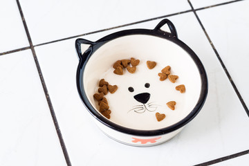 Few heart shaped dry cat food in cat shaped dish