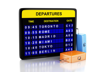 3d airport board and travel suitcases on white background