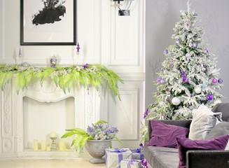 Fototapeta na wymiar Holiday decorated room with Christmas tree