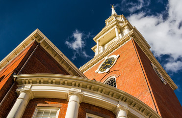 Looking up at a church in Boston, Massachusetts.