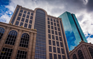 Fototapeta na wymiar Looking up at modern buildings in Boston, Massachusetts.