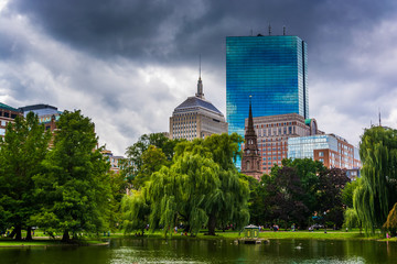 Pond in the Public Garden and buildings in Boston, Massachusetts