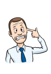 Caricature businessman pointing finger on his head