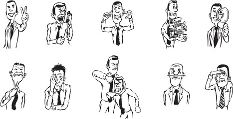 whiteboard drawing - caricature businessmen in various situation