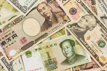 Colorful of World banknotes background.