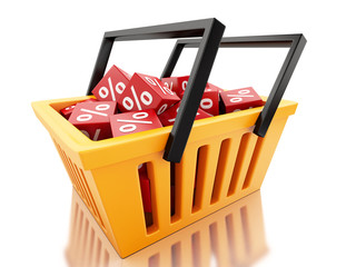 3d Shopping basket with discount cubes on white background