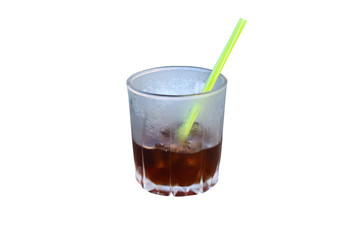 Fresh Cold Cola with ice in glass isolated on white   background