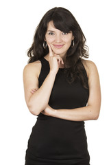 beautiful young brunette woman with black top posing hand on