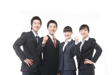 스튜디오 안의 일하고 있는 비즈니스맨과 비즈니스 우먼