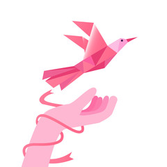 Geometric pink bird with hand and pink ribbon. Flat design