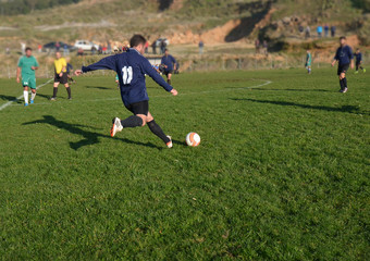 soccer football shoot, foots green lawn, amateur teams