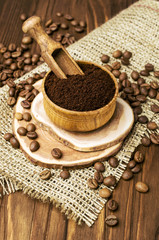 Ground coffee in a wooden bowl