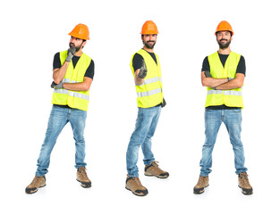 Workman thinking over isolated white background
