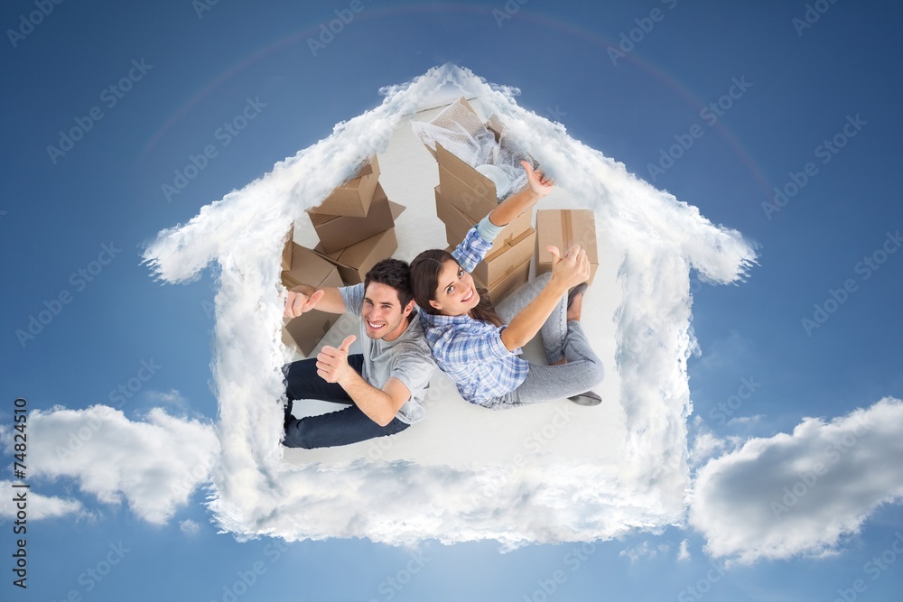 Poster composite image of overview of a happy couple giving thumbs up