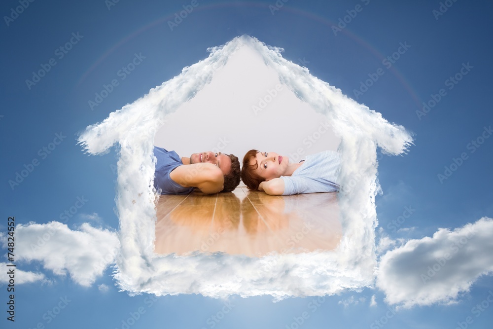 Poster composite image of couple lying on the floor
