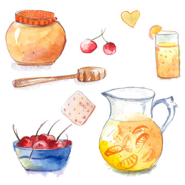 Honey pot with dipper, jug and orange lemonade