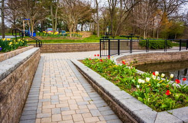 Gardens and walkway at Wilde Lake Park, in Columbia, Maryland.