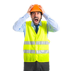 frustrated workman over white background