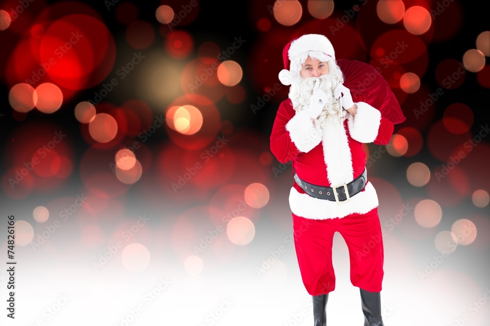 Poster composite image of santa holding sack and keeping a secret