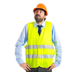 Workman having doubts over white background