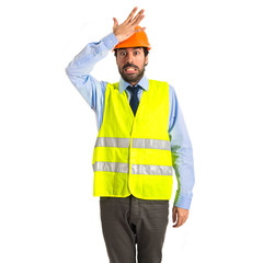 worker having doubts over white background