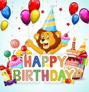 Birthday background with happy cartoon lion