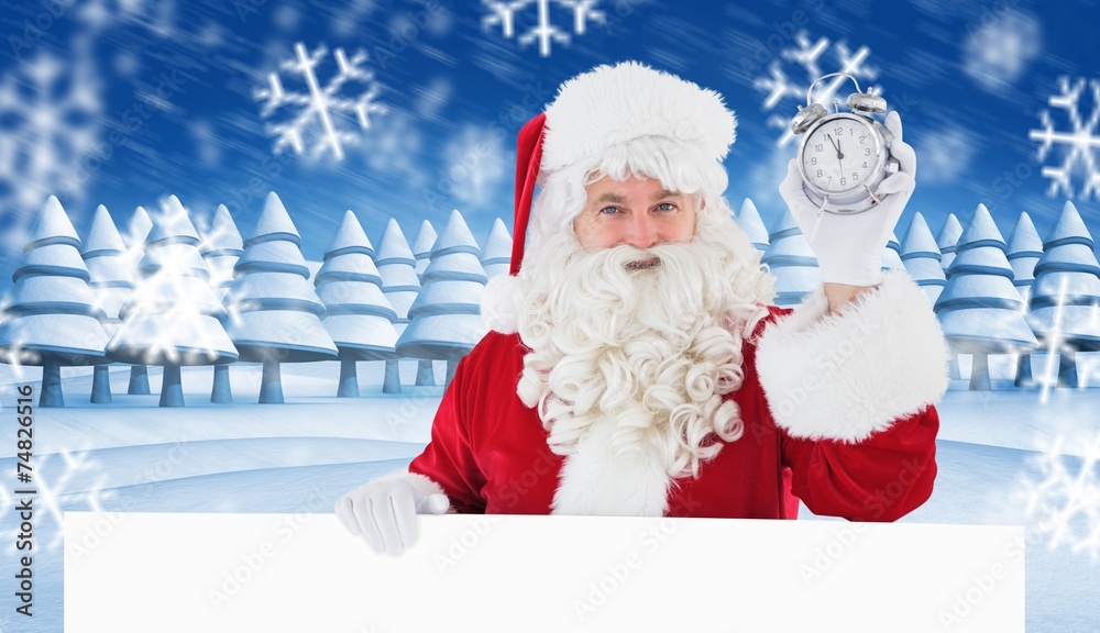 Poster Composite image of santa claus holding alarm clock and sign