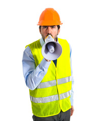 workman shouting over white background