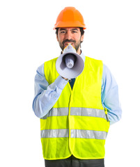 workman shouting over white background