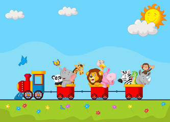 Birthday background with happy animal on train