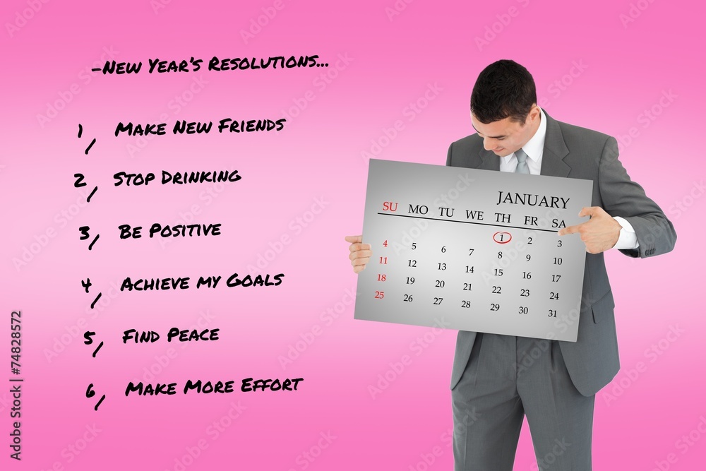 Poster composite image of businessman pointing at calendar in his hands