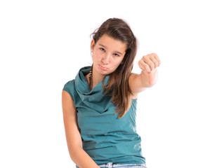 Obraz premium Girl doing a bad signal over white background