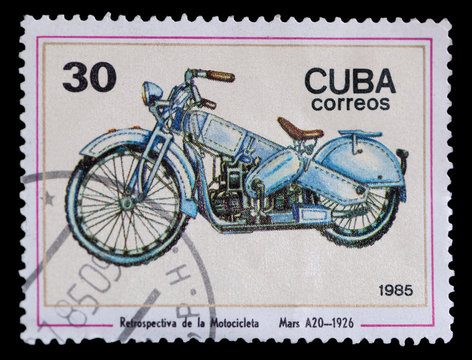 stamp printed in Cuba shows image of the motorcycle