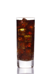 Cola glass with ice cubes over white