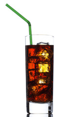 Cola glass with ice cubes over white
