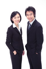 똑바로 서있는 비즈니스 여성과 남성