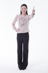 검지 손가락으로 가리키는 비즈니스 여성