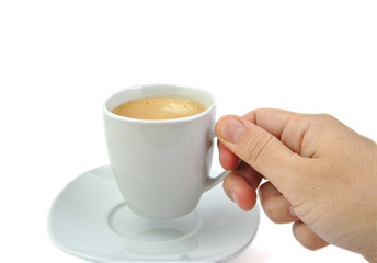 Hand holding a cup of coffee isolated on white background