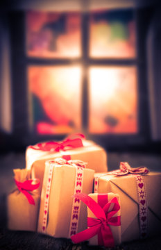 Christmas gifts rustic table window Outside window already getti