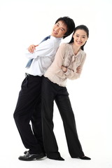 서서 제스처를 취하는 아시안 비즈니스맨과 우먼