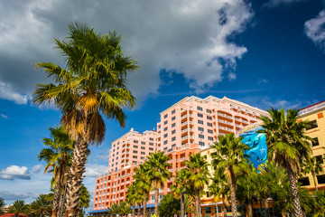 Palm trees and large hotel in Clearwater Beach, Florida. - obrazy, fototapety, plakaty