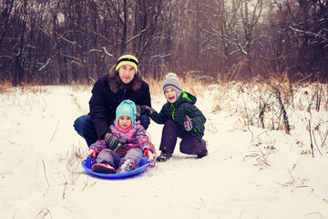 Image of adult with two children on a sled