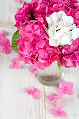 hydrangea flower in vase on wooden surface