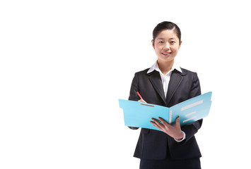 서서 제스처를 취하는 아시안 비즈니스 우먼