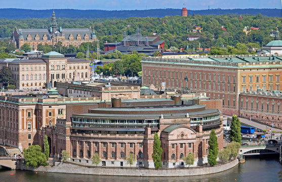 Aerial view of Riksdag (parliament) building, Stockholm, Sweden