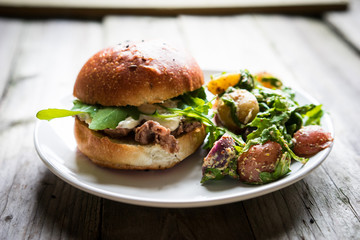 Burgers on wooden background