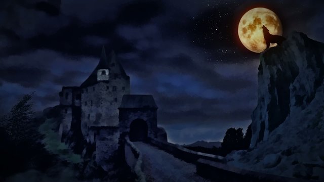 Dark castle and a wolf howling at the moon.
