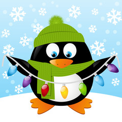 Cute cartoon penguin on winter background