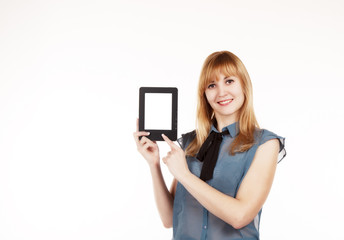 young beautiful woman holding a tablet