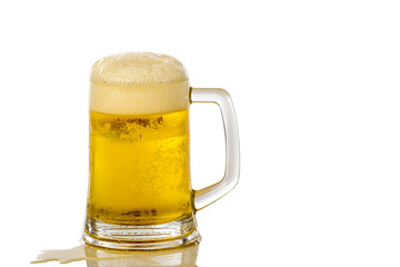 Frosty glass of light beer set isolated on a white background